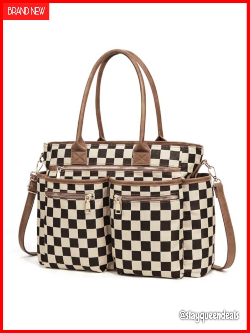 Checkered Tote Bag for Women PU Leather Canvas Crossbody Shoulder Purse Work